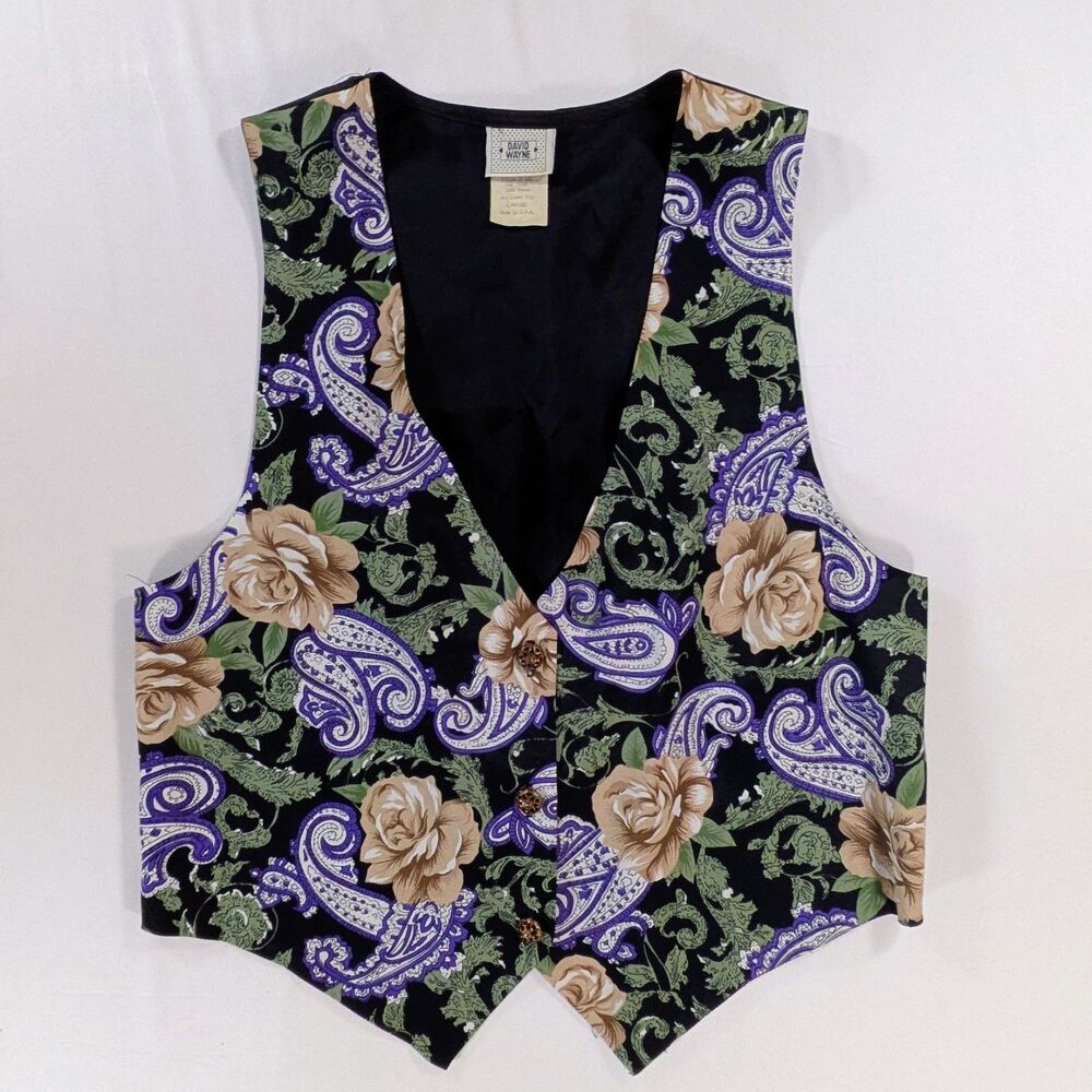 Vintage Floral Paisley Vest Black Satin Back Boho 90s Size Large David Wayne